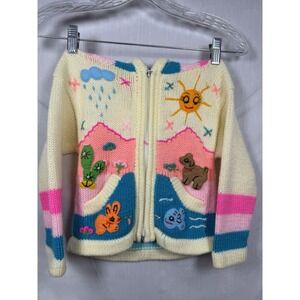 Colorful Knit Hoodie Handmade Peruvian 4T Pink Animal Patchwork Cottage Soft